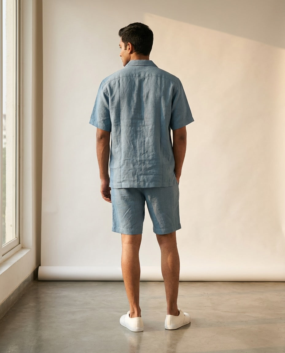 Resort collar Shirt and Shorts Co-ords - Men- 100% Premium Linen - Aquamarine Blue