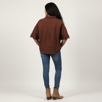 Oversize Boxy Crop Shirt - Women- 100% Premium Linen - Brown
