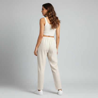 100% Pure Linen Relaxed Fit Pants for Women - Beige
