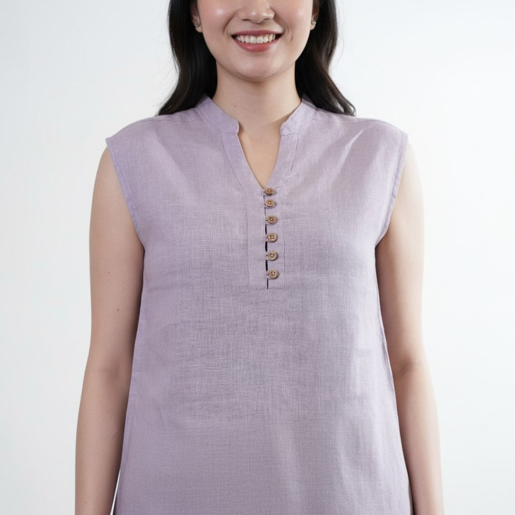 Mandarin Collared Top - 100% Linen - Women - Lavender