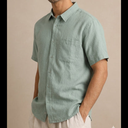Linen Half-Sleeve Regular Collar Shirt for Men- Sage