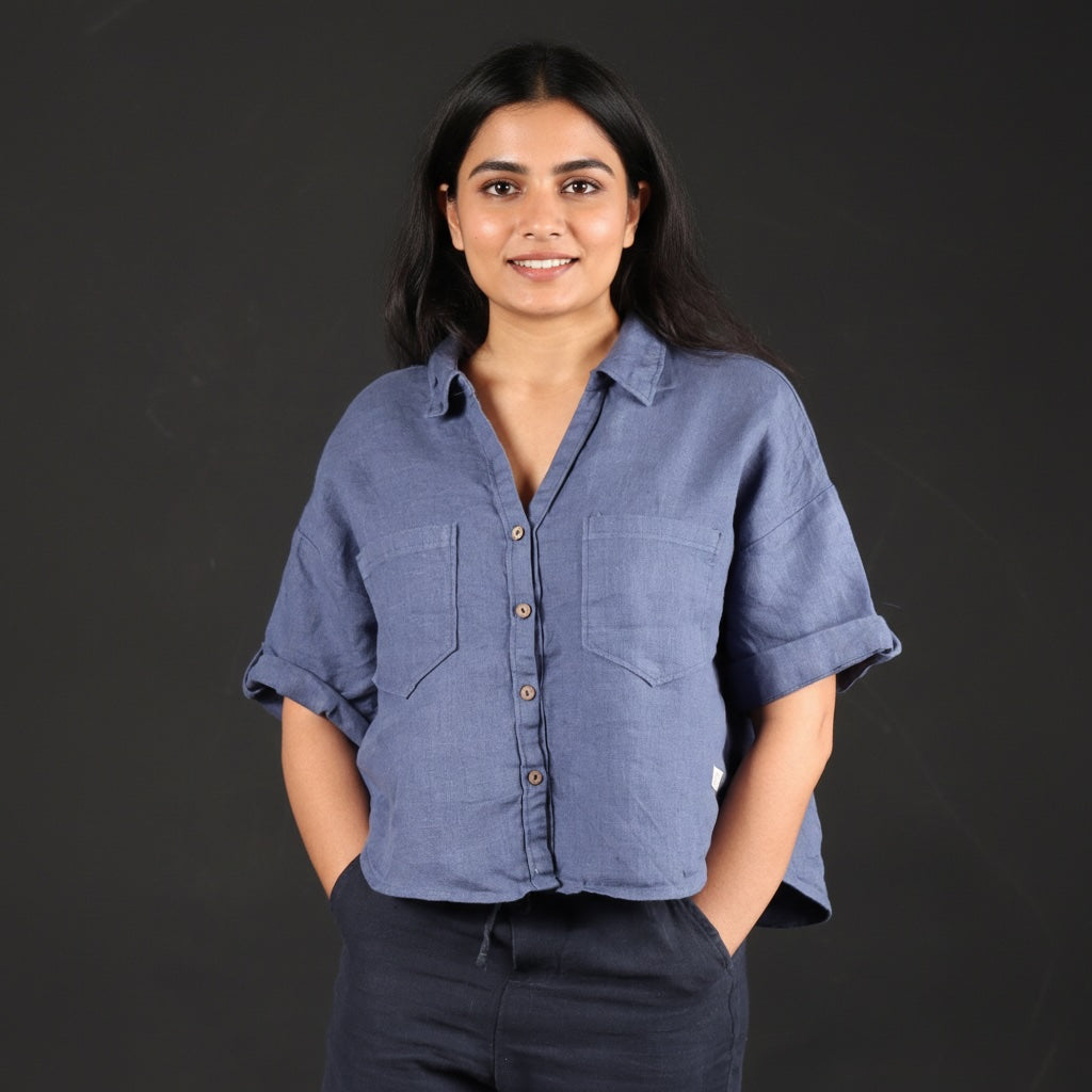 Oversize Boxy Crop Shirt - Women- 100% Premium Linen - Blue