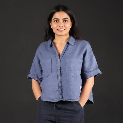 Oversize Boxy Crop Shirt - Women- 100% Premium Linen - Blue