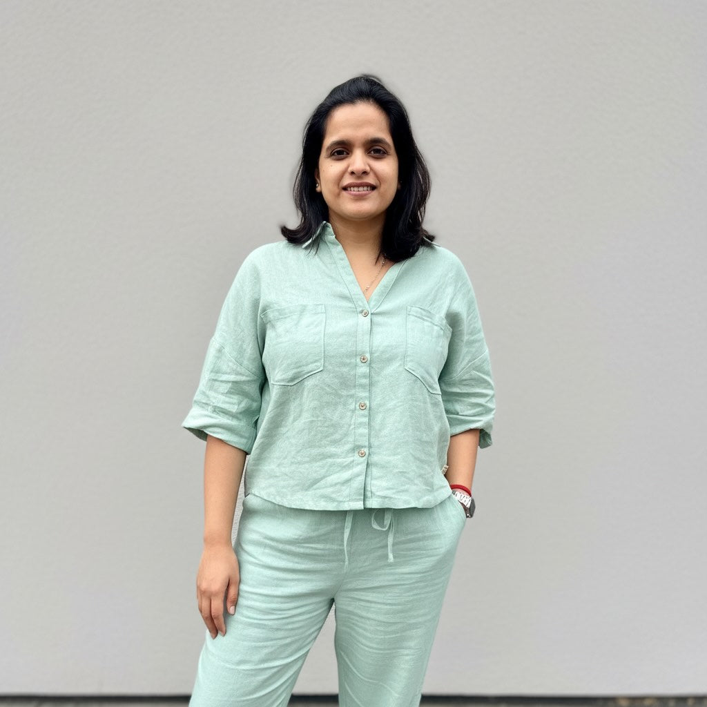 Oversized Boxy Crop Linen Shirt for Women- Sage