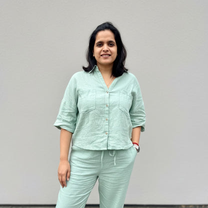 Oversized Boxy Crop Linen Shirt for Women- Sage
