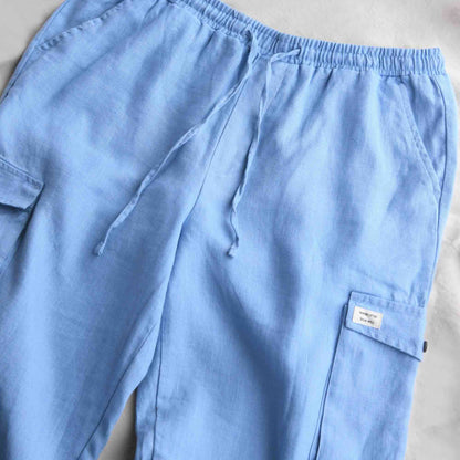 Premium Linen Travel Joggers for Women- Dusty Blue