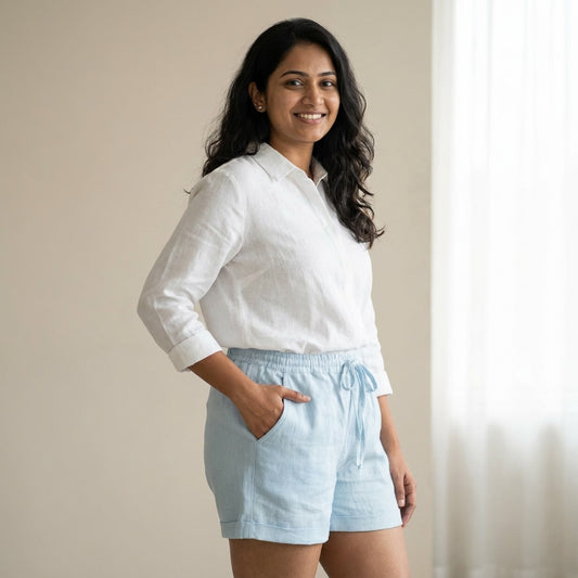 Linen Shorts for Women- Sky Blue