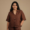 Oversized Boxy Crop Linen Shirt for Women- Brown