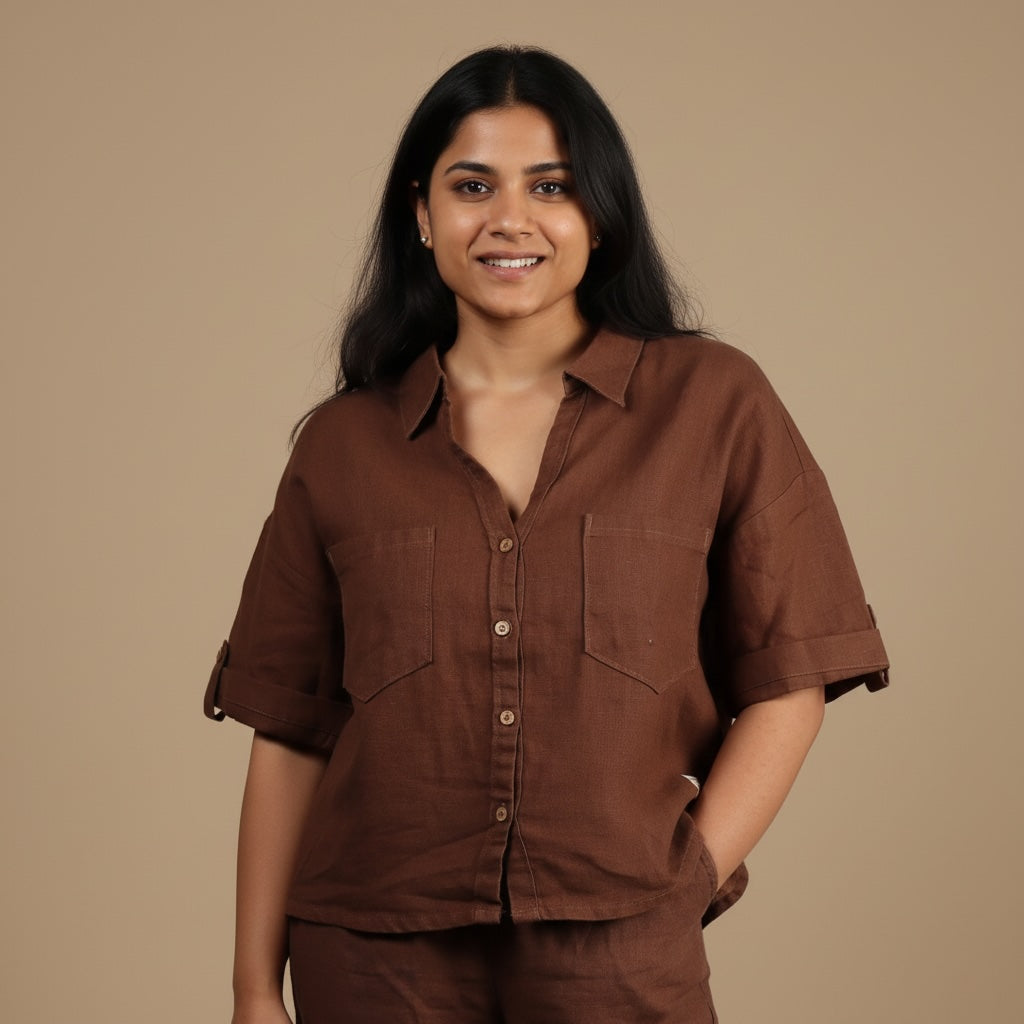 Oversize Boxy Crop Shirt - Women- 100% Premium Linen - Brown