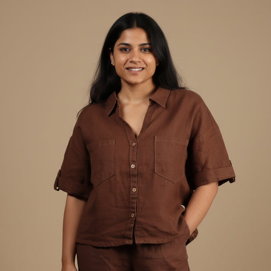 Oversized Boxy Crop Linen Shirt for Women- Brown