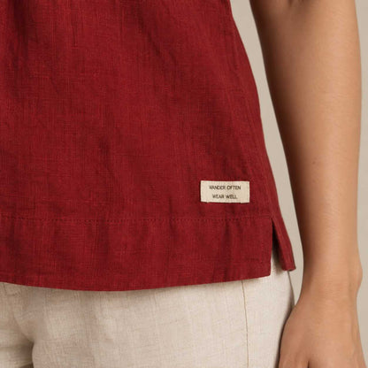 100% Pure Linen Open Collar Half Sleeve Shirt for Women - Maroon