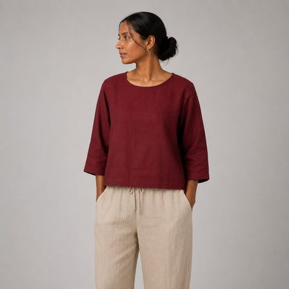 100% Pure Linen Boat Neck Top for Women - Maroon
