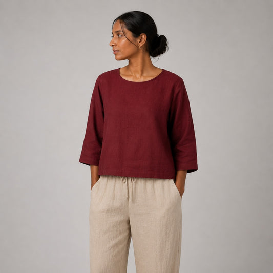 Linen Boat Neck Top - Women - Maroon