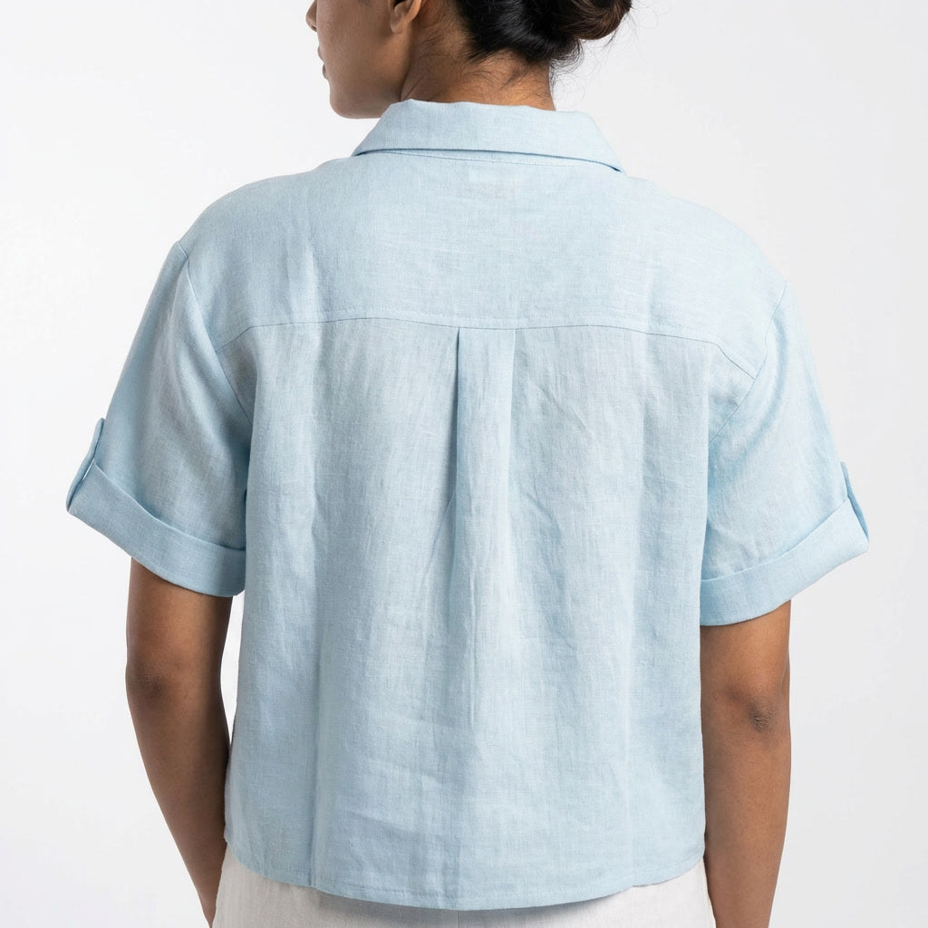 Oversized Boxy Crop Linen Shirt for Women- Sky Blue