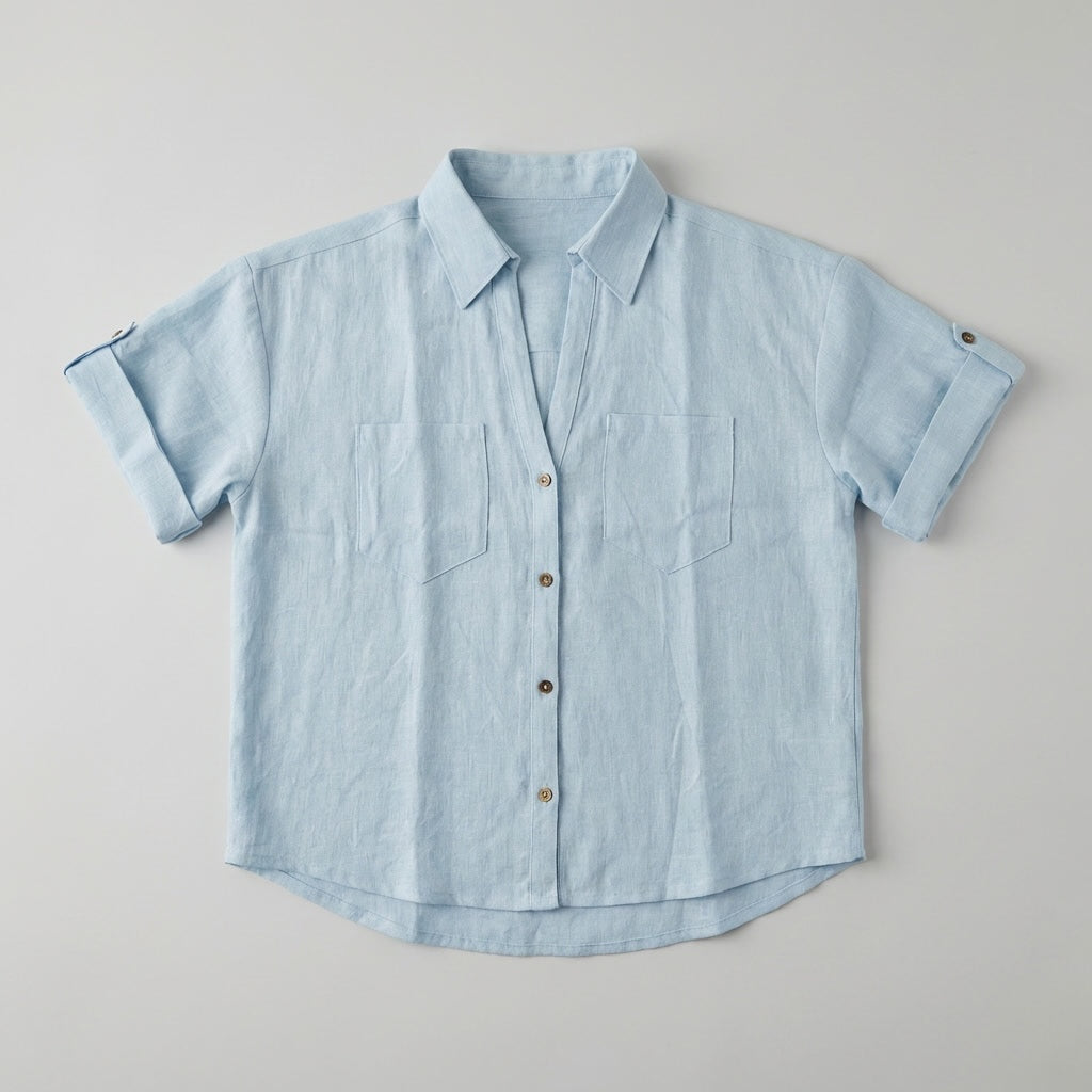 Oversized Boxy Crop Linen Shirt for Women- Sky Blue