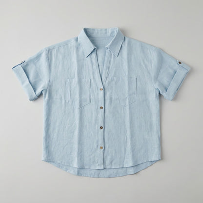 Oversized Boxy Crop Linen Shirt for Women- Sky Blue