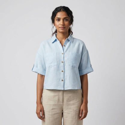 Oversized Boxy Crop Linen Shirt for Women- Sky Blue