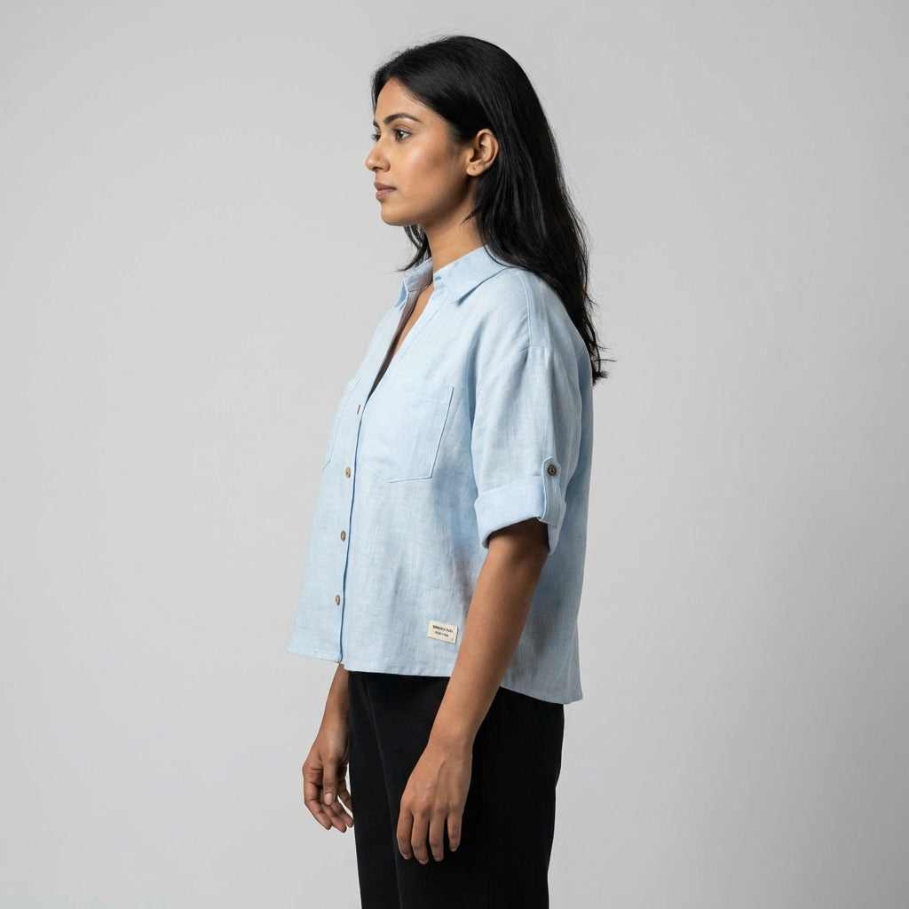 Oversized Boxy Crop Linen Shirt for Women- Sky Blue