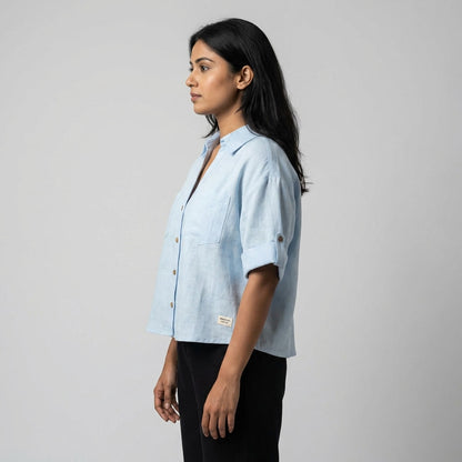 Oversized Boxy Crop Linen Shirt for Women- Sky Blue