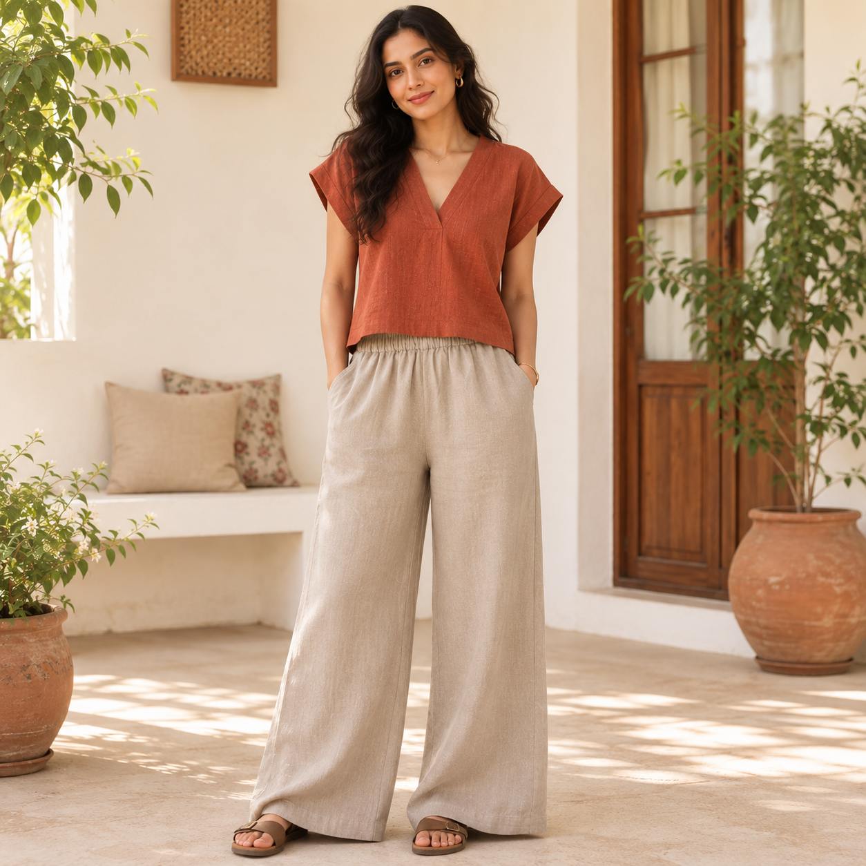 Linen Wide-Leg Pant for Women- Taupe