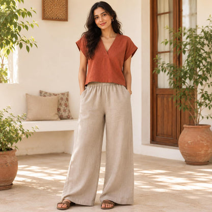 Linen Wide-Leg Pant for Women- Taupe