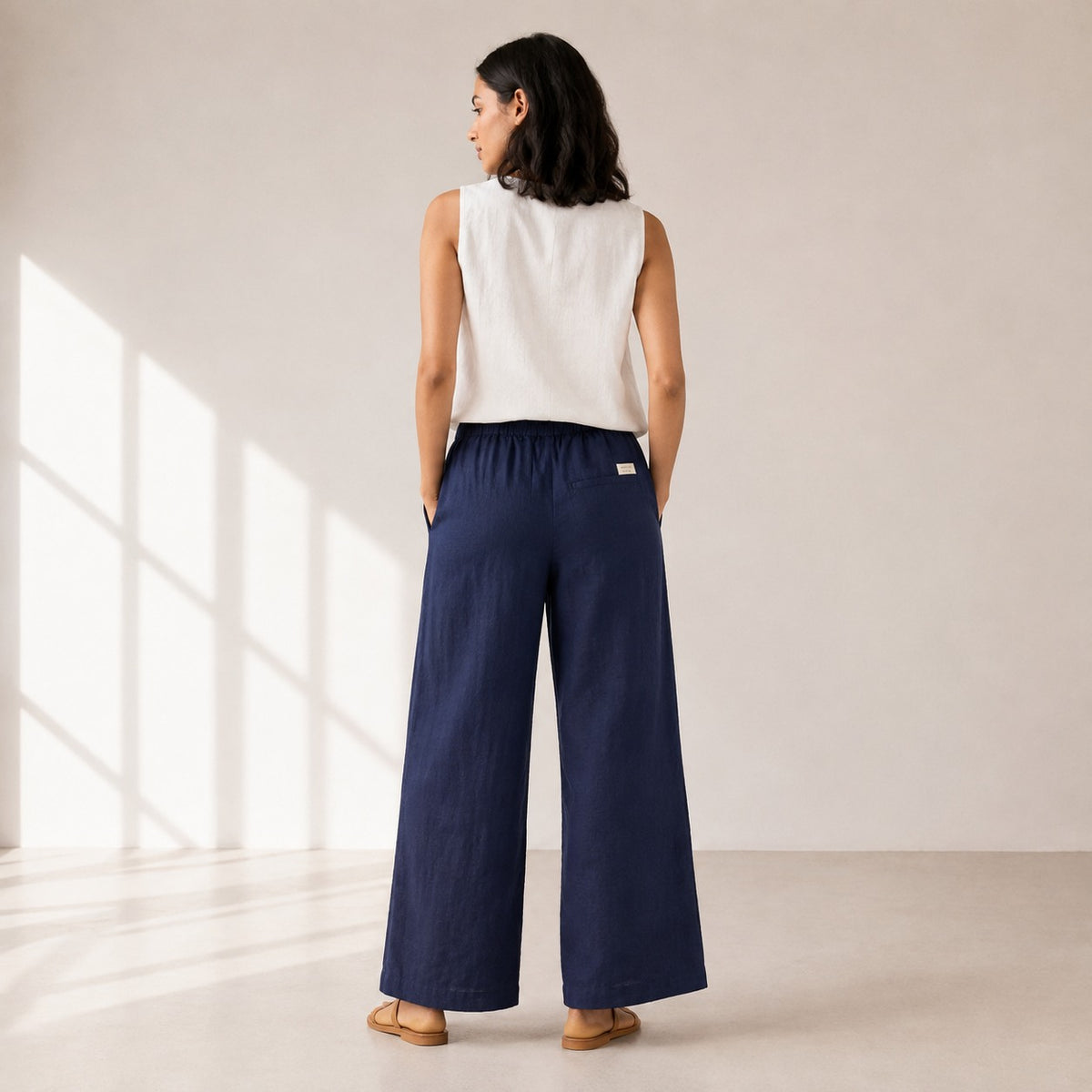 100% Pure Linen Wide-Leg Pant for Women - Navy