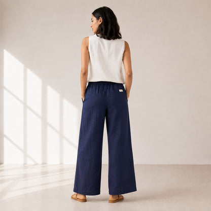 100% Pure Linen Wide-Leg Pant for Women - Navy