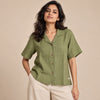 100% Pure Linen Open Collar Half Sleeve Shirt for Women - Lime Green