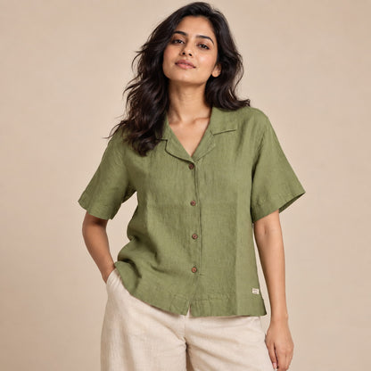 100% Pure Linen Open Collar Half Sleeve Shirt for Women - Lime Green