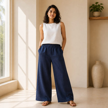 100% Pure Linen Wide-Leg Pant for Women - Navy