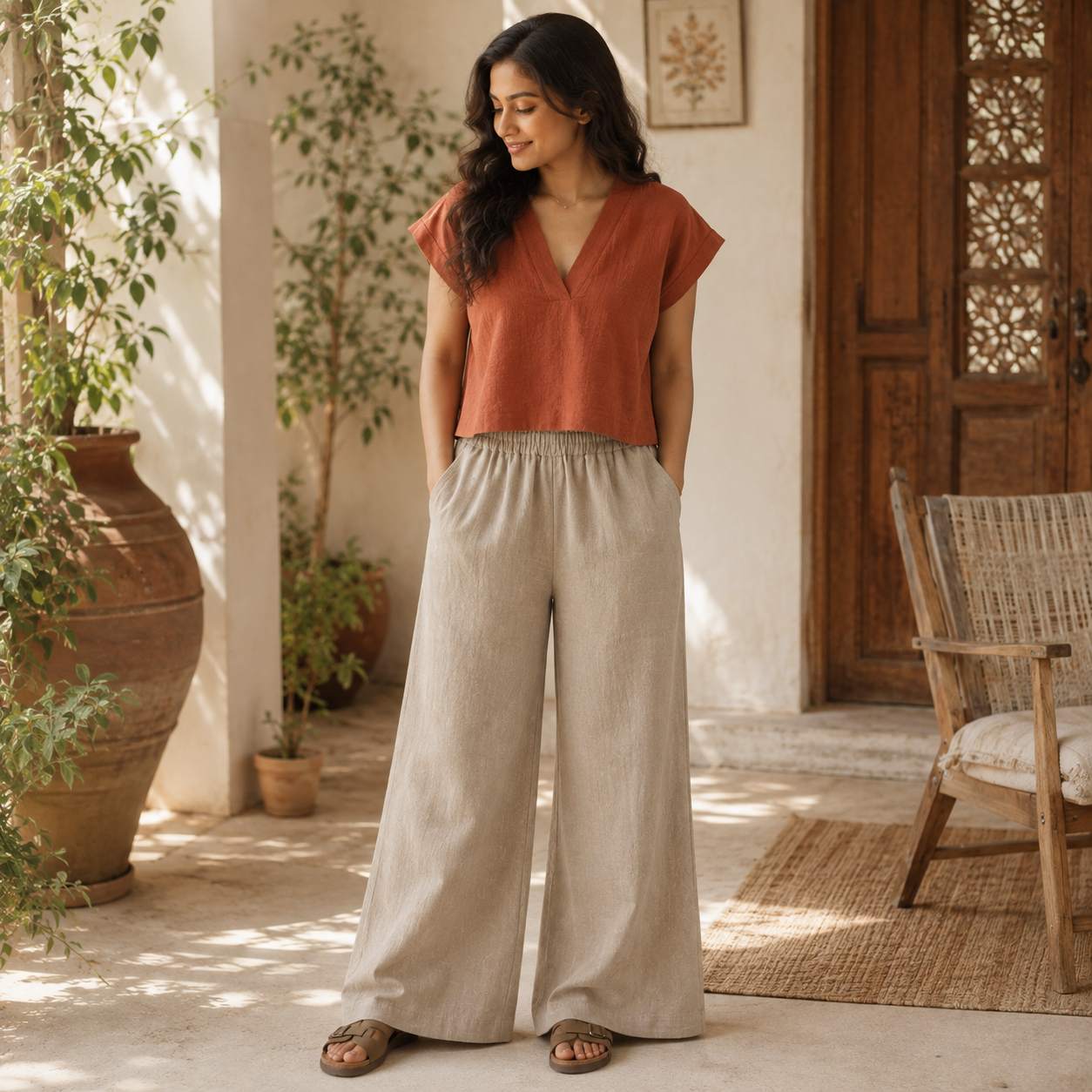 Linen Wide-Leg Pant for Women- Taupe