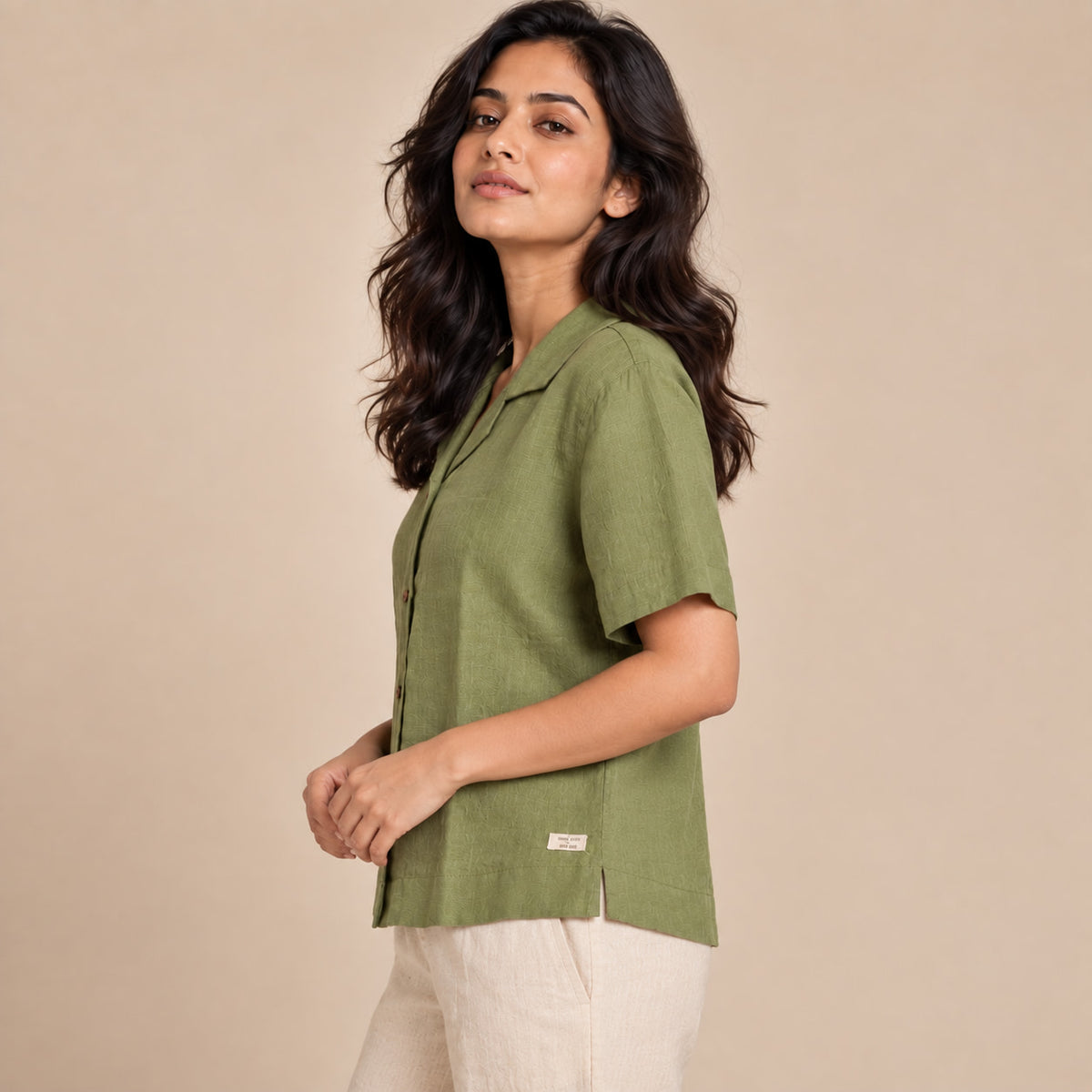 100% Pure Linen Open Collar Half Sleeve Shirt for Women - Lime Green