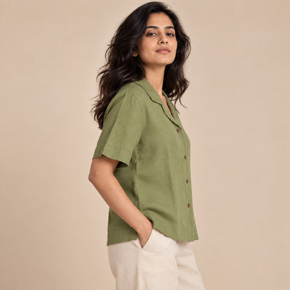 100% Pure Linen Open Collar Half Sleeve Shirt for Women - Lime Green