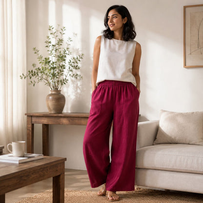 Linen Wide-Leg Pant for Women- Brick Red