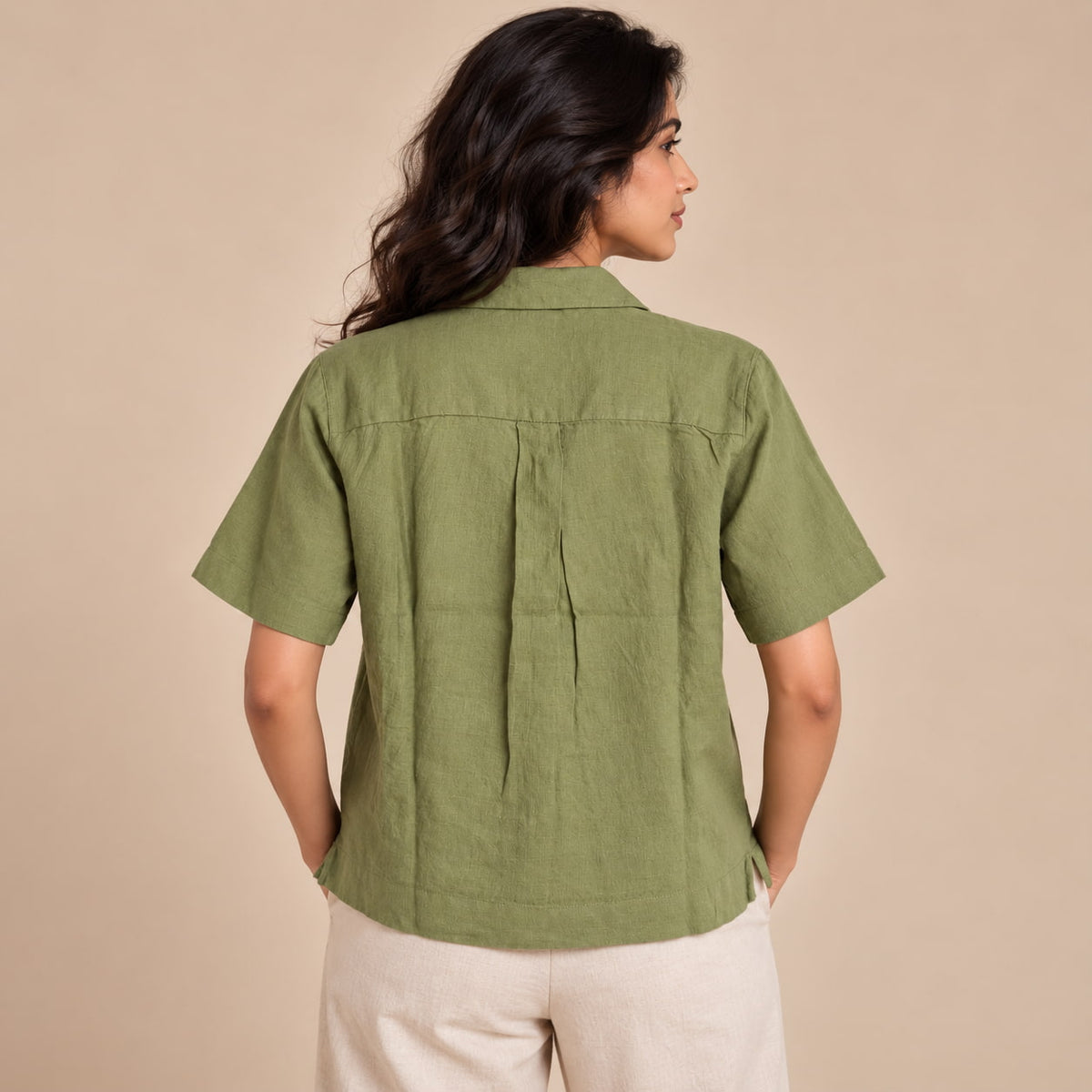 100% Pure Linen Open Collar Half Sleeve Shirt for Women - Lime Green