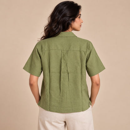 100% Pure Linen Open Collar Half Sleeve Shirt for Women - Lime Green