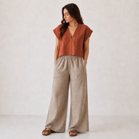 Linen Wide-Leg Pant for Women- Taupe