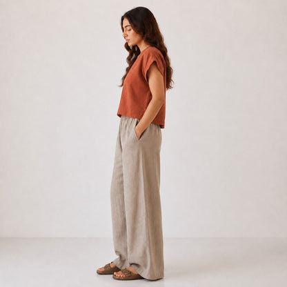 Linen Wide-Leg Pant for Women- Taupe