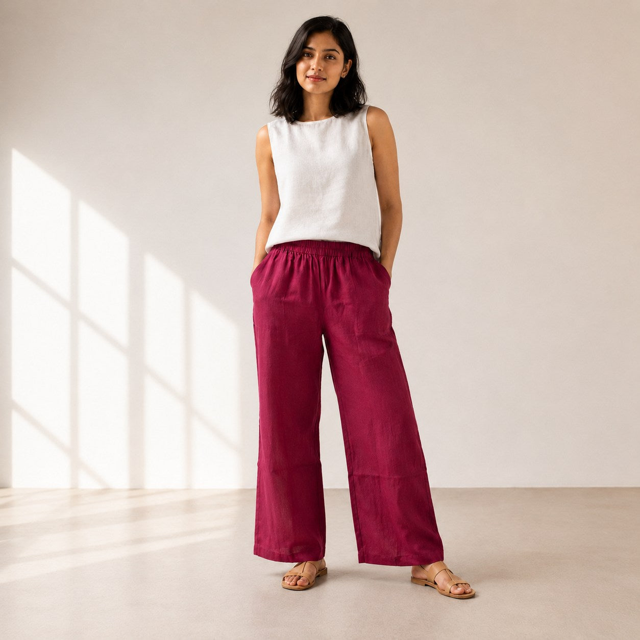 Linen Wide-Leg Pant for Women- Brick Red