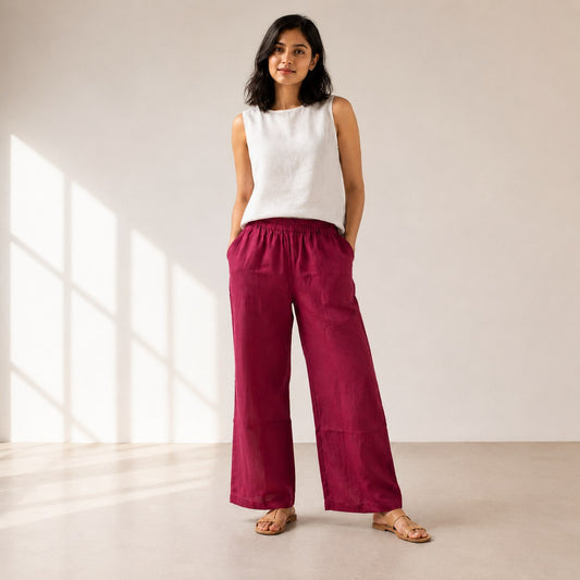 Linen Wide-Leg Pant for Women- Brick Red