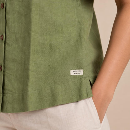 100% Pure Linen Open Collar Half Sleeve Shirt for Women - Lime Green