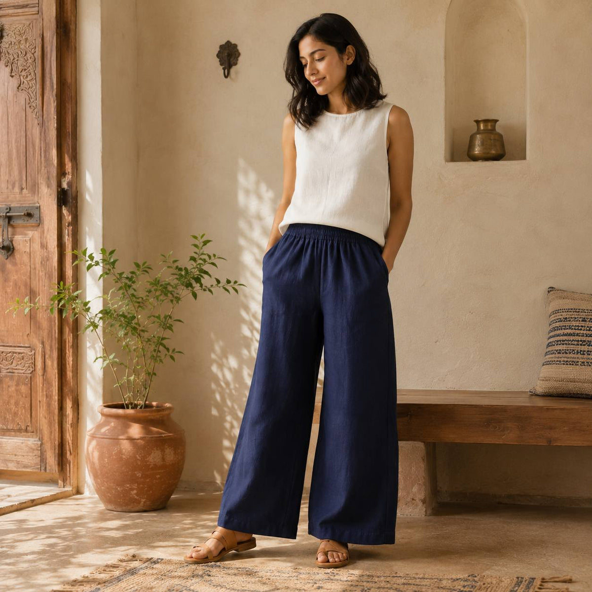 100% Pure Linen Wide-Leg Pant for Women - Navy