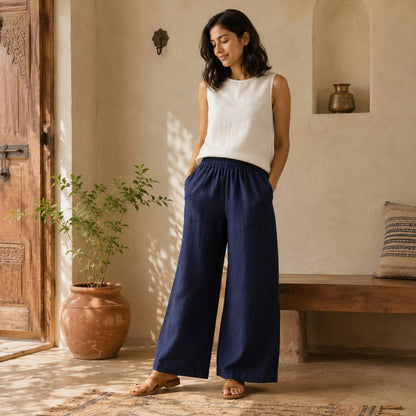 100% Pure Linen Wide-Leg Pant for Women - Navy