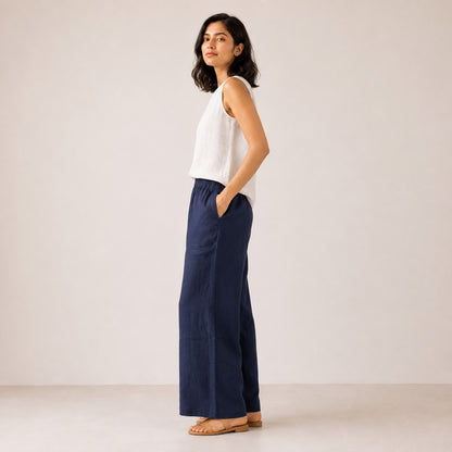 100% Pure Linen Wide-Leg Pant for Women - Navy
