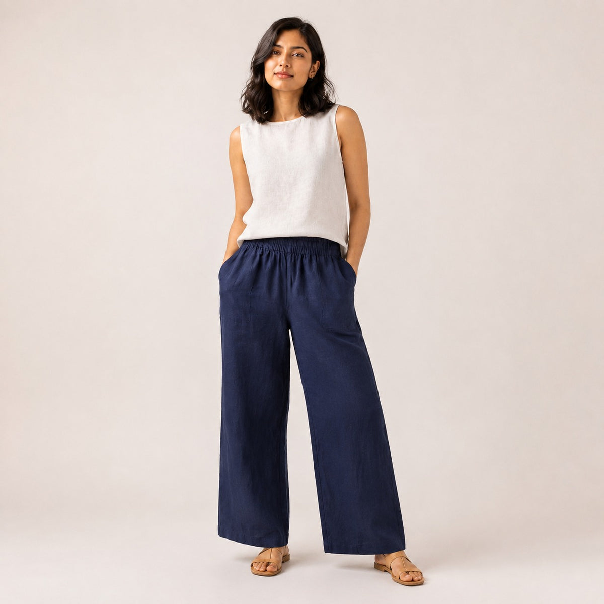 100% Pure Linen Wide-Leg Pant for Women - Navy