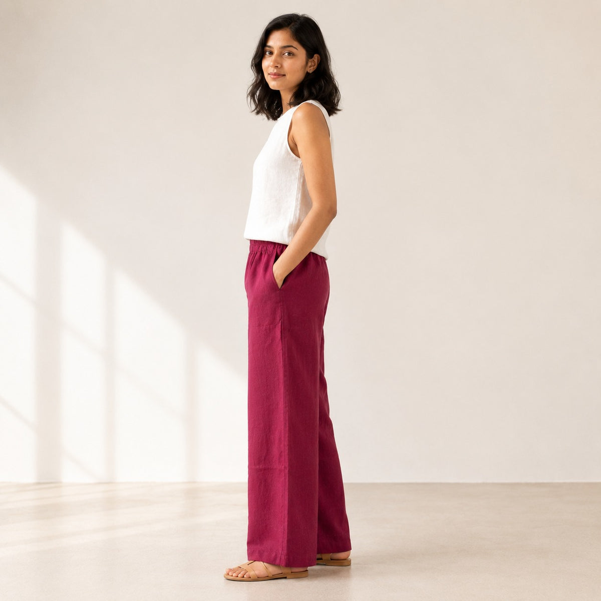 Linen Wide-Leg Pant for Women- Brick Red