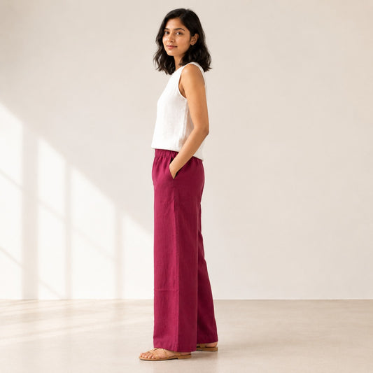 Linen Wide-Leg Pant for Women- Brick Red
