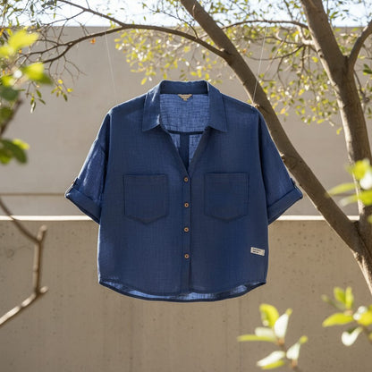Oversize Boxy Crop Shirt - Women- 100% Premium Linen - Blue