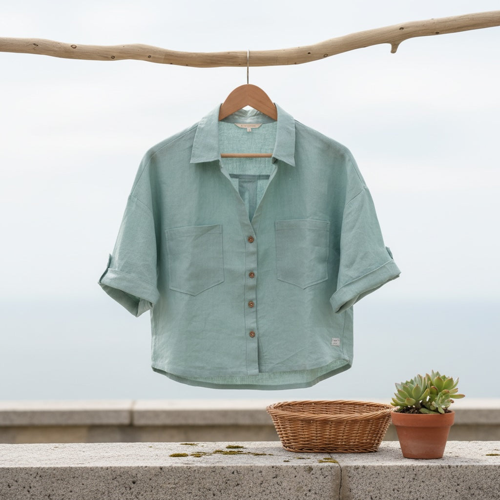 Oversized Boxy Crop Linen Shirt for Women- Sage – Rimore