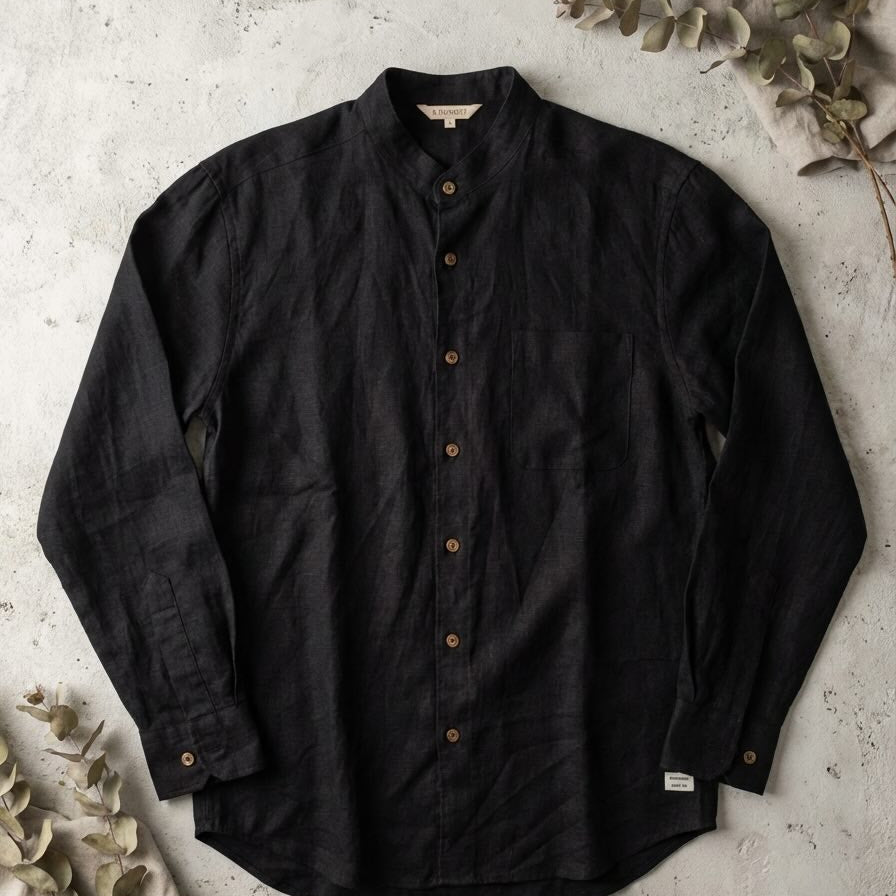 Linen Chinese Collar Shirt for Men- Black